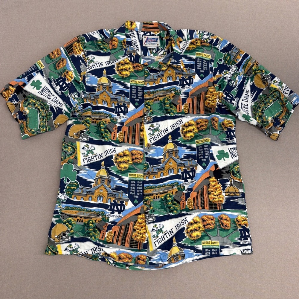 Reyn Spooner Notre Dame Fighting Irish Rayon Hawaiian Shirt Mens L Scenic Print